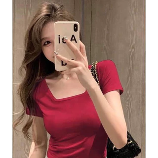 เสื้อคอเหลี่ยมแขนสั้น เต็มตัว (ผ้าคอตตอน) เข้ารูปทรงสวย