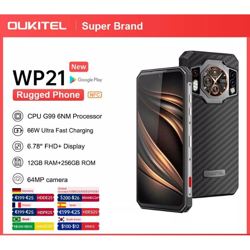OKITEL WP21 แรม 12 รอม 256 GB MTK Helio G99 แบตเตอรี่ 9800 MAh หน้าจอ 6.78 นิ้ว กล้อง 64 MP  android