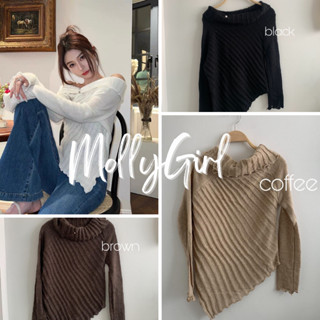 mollygirl เสื้อผ้าแขนยาวปาดไหล่ แต่งกระดุมมุก  M519#