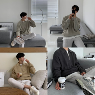 เสื้อคอปกไหมพรม แขนยาวผ้าร่องมีซิป ผ้าหนา ทรงโอเวอไซส์ สีพื้น สไตล์เกาหลี C36