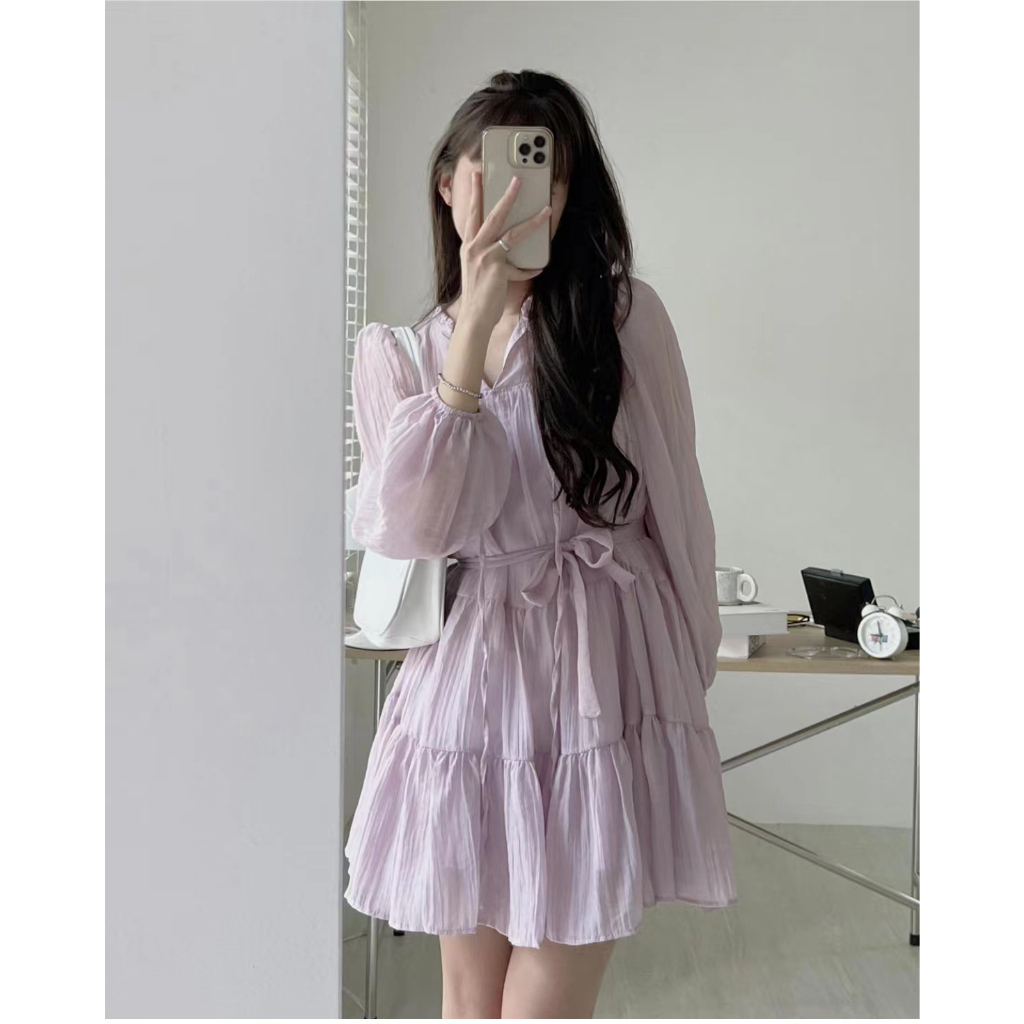 พร้อมส่ง เดรสสั้น มินิเดรสสไตล์เกาหลี น่ารักมากๆ สีพื้น ใส่สบาย เชือกมัดเอว คิ้วสุดๆ