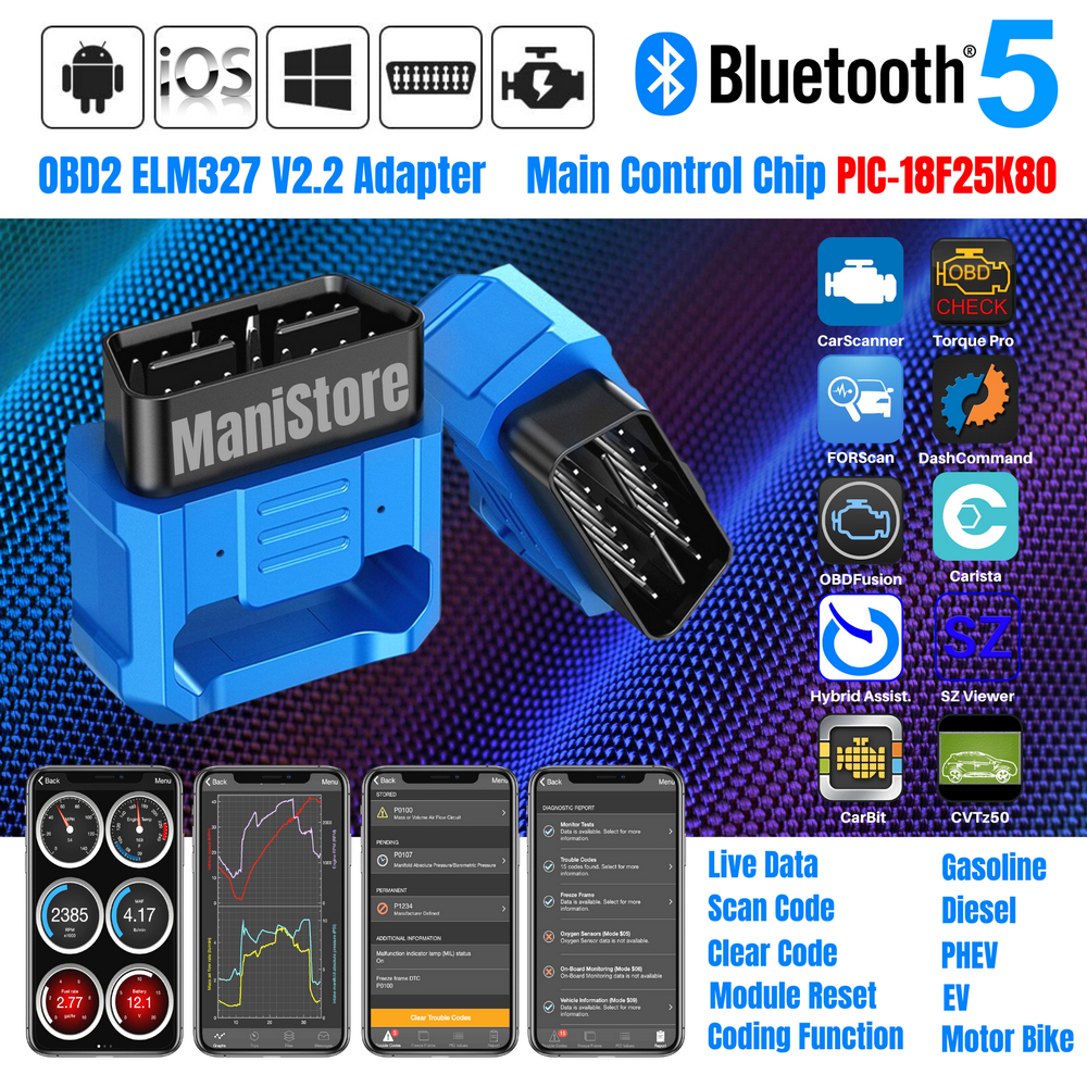 [New] V018 ELM327 V2.2 Bluetooth 5.0 OBD2 Adapter for iOS Android Realtime Data &amp; Diagnostic Tool