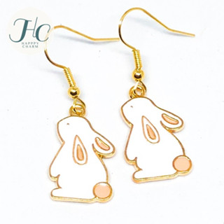 ต่างหูรูปกระต่ายหูตก สีขาว หางสีโอลด์โรส น่ารักน่าชัง ห้อยหุ้งติ้ง Bunny Earrings