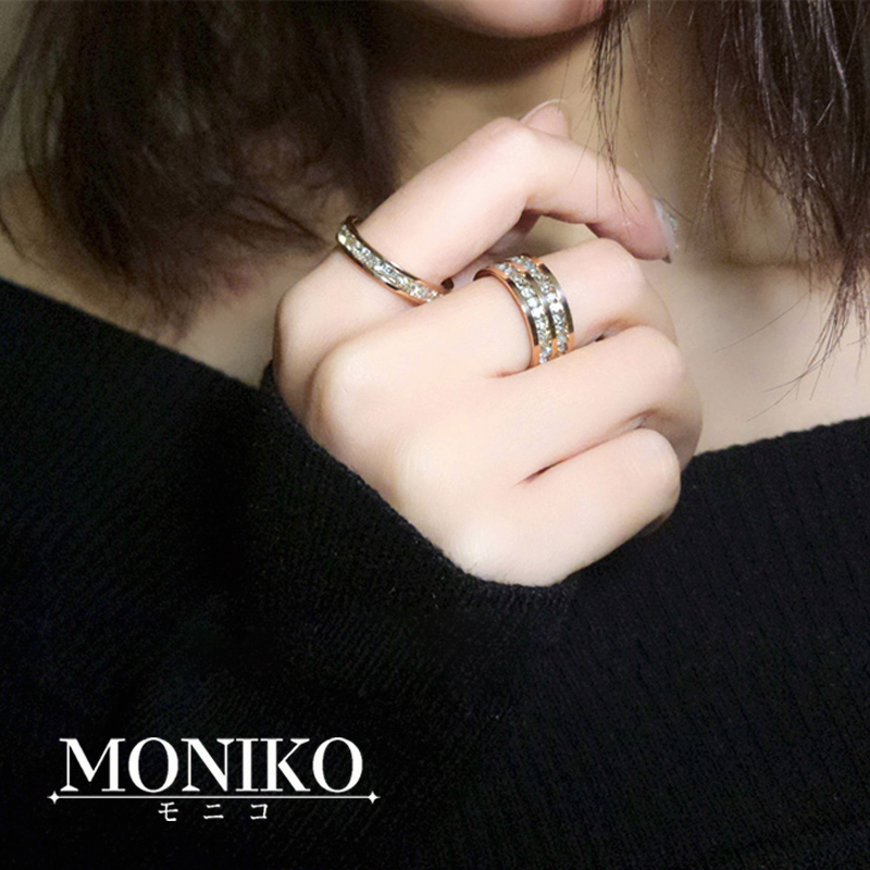 MONIKO แหวนเพชรไทเทเนียมเหล็กและแถวคู่ 24K สีโรสโกลด เข้ากับทุกการแต่งกาย สําหรับผู้หญิง ราคา ถูกที่สุด ดีลบีเคเค