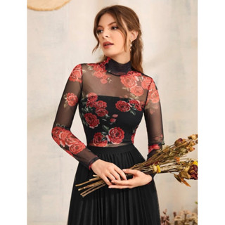 SHEIN ผ้าซีทรูลายกุหลาบ สวยมาก คอตั้งทรงสูง