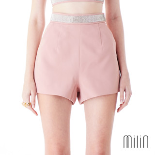 [MILIN] Owlwood Shorts Crystal waist band flat front high waist shorts กางเกงขาสั้น เอวสูง ทรงซิปข้าง แต่งคริสตัลรอบเอว