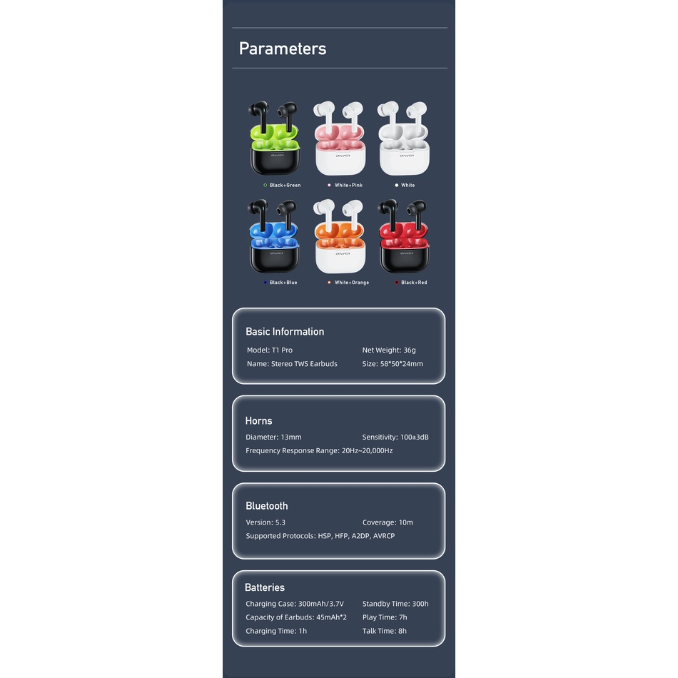 Awei T1pro TWS หูฟังบลูทูธไร้สาย เวอร์ชั่น5.3 กันน้ำ IPX6 ไฮไฟสเตอริโอพร้อมไมโครโฟนใส่ออกกำลังกาย