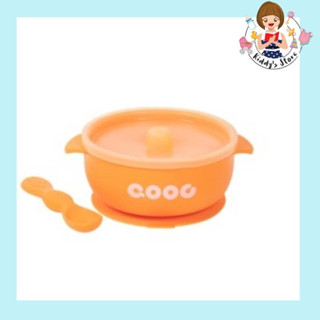 Qooc Bowl Suction ชามซิลิโคน ดูดโต๊ะ พร้อมช้อน (สีส้ม)