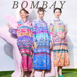 Dress Qipao - Bombay เดรสกี่เพ้าแขนยาวลายน่ารัก ชุดจีนลายหวาน ฟรีไซส์ ผ้าโพลีเอสเตอร์