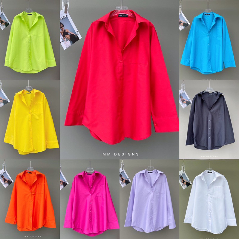 เสื้อเชิ้ตฮิตสีสดใสผ้าคอตตอนแขนยาว