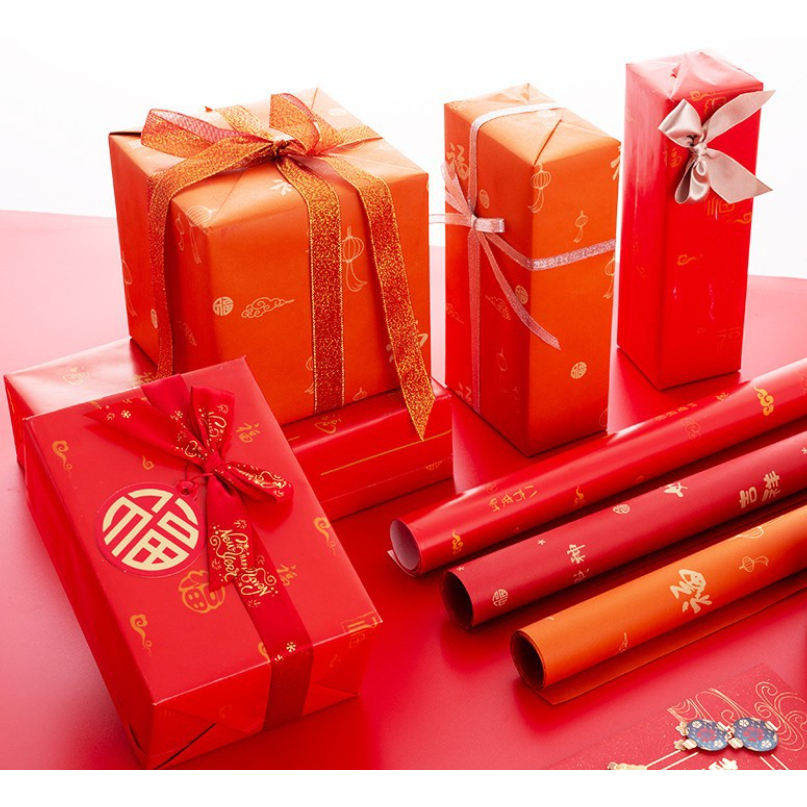 🍊🍊HP🍊🍊กระดาษห่อของขวัญปีใหม่ ตรุษจีน สีแดง ห่อของขวัญ ของชำร่วย ขนาด : 74*51 cm