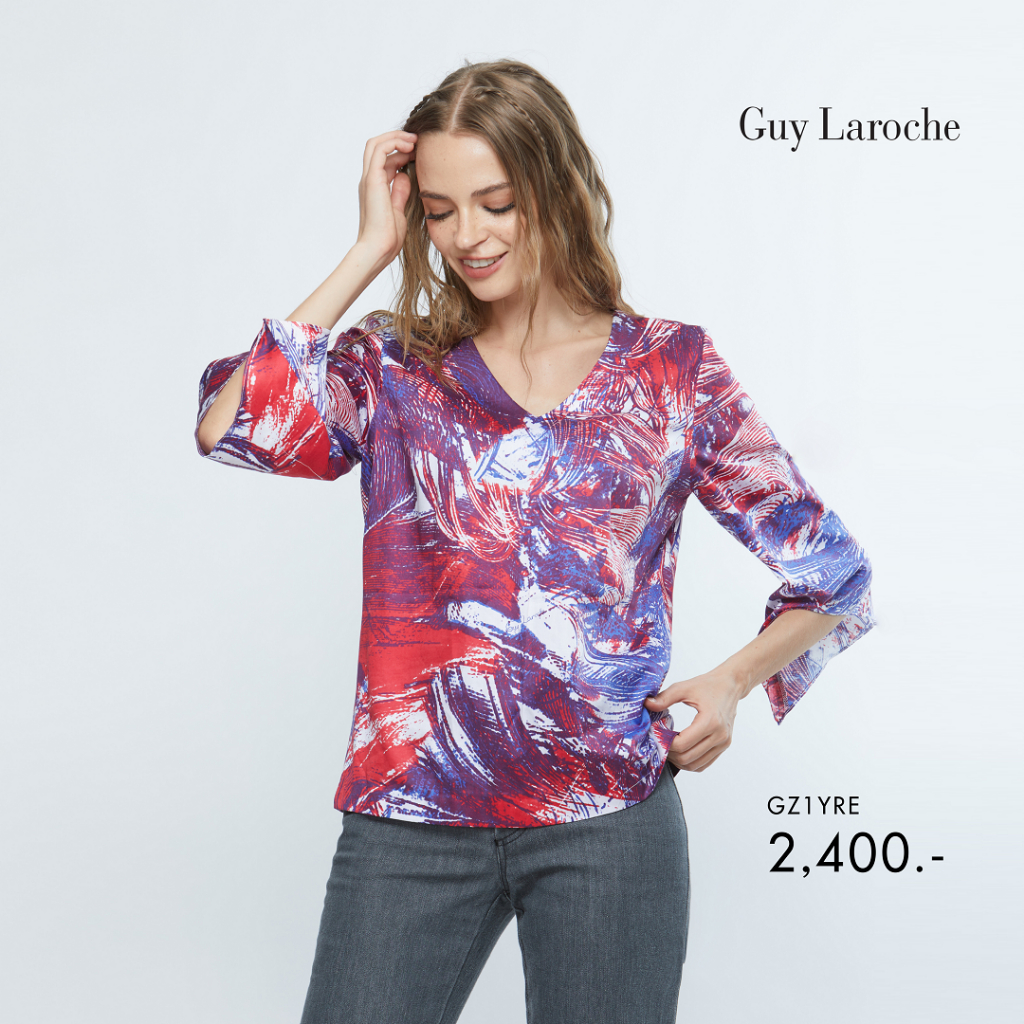 Guy Laroche เสื้อ ผู้หญิง Soft cotton Feather คอวี แขนสามส่วน สีแดง (GZ1YRE)