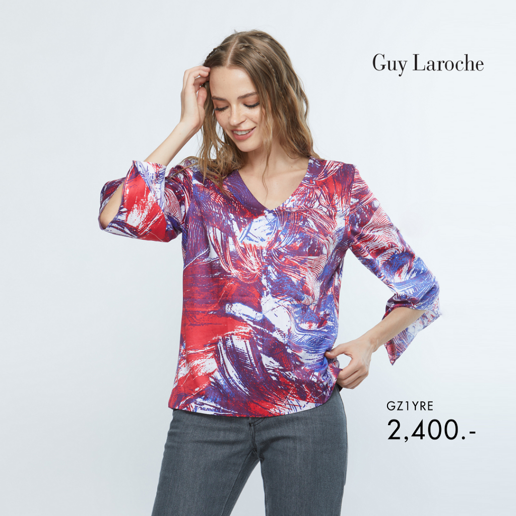 Guy Laroche woman's blouse Soft cotton Feather เสื้อผู้หญิง คอวี แขนสามส่วน สีแดง GZ1YRE