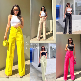 Sherbet 2pockets high-waist pant กางเกงขายาวเอวสูงกระบอกใหญ่ แต่งกระเป๋าใหญ่คู่ด้านข้าง ป้าย promthong