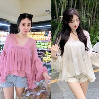 เสื้อชีฟอง chiffon เเขนบอลลูน เสื้อแต่งดีเทลระบาย คอวี แขนยาว