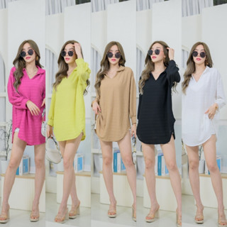 mini dress มินิเดรส เสื้อ oversize คอวี สีพื้น ใส่เที่ยว