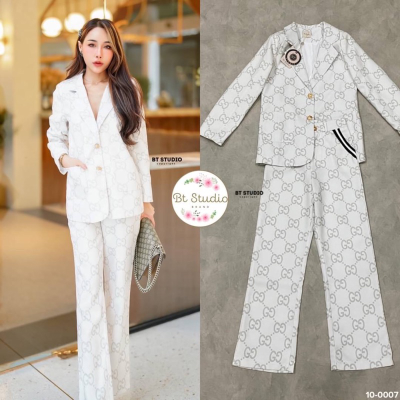 Bt Studio (บีทีสตูดิโอ) ชุดเซทสูทขาวผ้าดีมาก พิมพ์ลาย G.CCi สีผู้ดีมากแม่ สวย หรู Business look✨ งาน