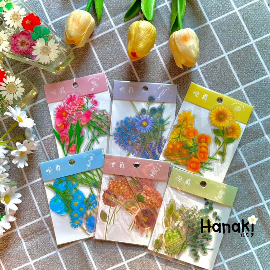 【พร้อมส่งจากไทย】สติกเกอร์ดอกไม้ มี 6 แบบ สติกเกอร์ใสลายดอกไม้ ใบไม้ 1ซอง 30 ชิ้น