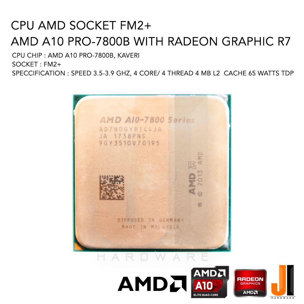 CPU AMD A10 Pro-7800B 4 Core/ 4 Thread 3.5-3.9 Ghz 65 Watts TDP No Fan Socket FM2+ (สินค้ามือสองสภาพดีมีการรับประกัน)