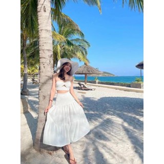 🏖ชุดเซ็ตเสื้อเกาะอก กระโปรงยาวสีขาว ชุดไปทะเลไปคาเฟ่สวยๆ🏖