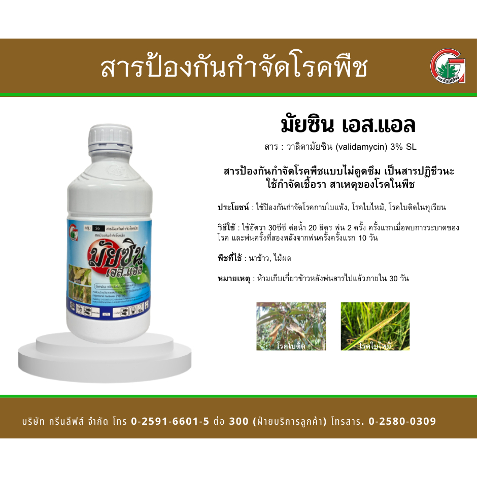 มัยซิน เอส.แอล วาลิดามัยซิน (Validamycin) 3% SL กำจัดโรคกาบใบแห้ง โรคใบใหม้ โรคใบติดในทุเรียน