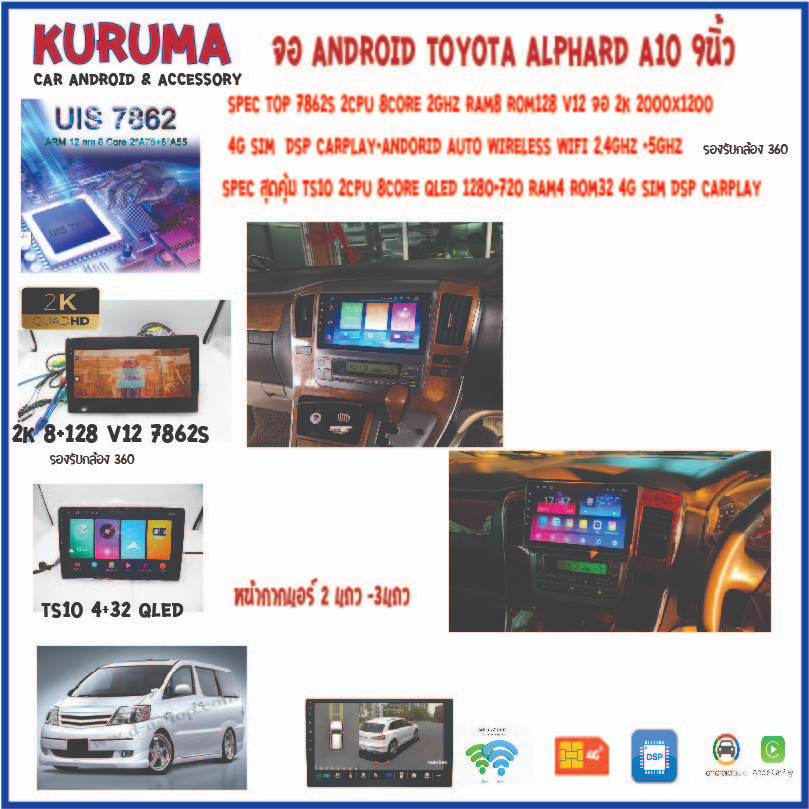 จอ Android Toyota Alphard A10 9นิ้ว 7862s 8core 2cpu ram8 rom256 2k 2000x1200 dsp 4g sim carplay / Ts10 8core 4+32 qled