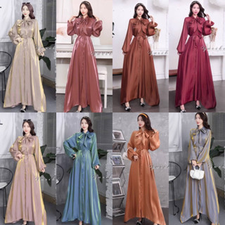 Dress shirt maxi silk Metallic เดรสยาวกระดุมหน้า ผูกโบว์ แต่งแขนพอง หรูหรา ใส่ออกงาน ใส่เที่ยว ใส่ไปงานแต่ง