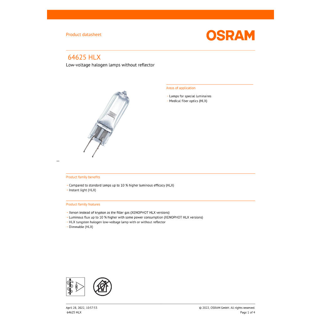 หลอดไฟแพ็ค 1 หลอดOSRAM 64625 HLX 100 W12V GY6.35
