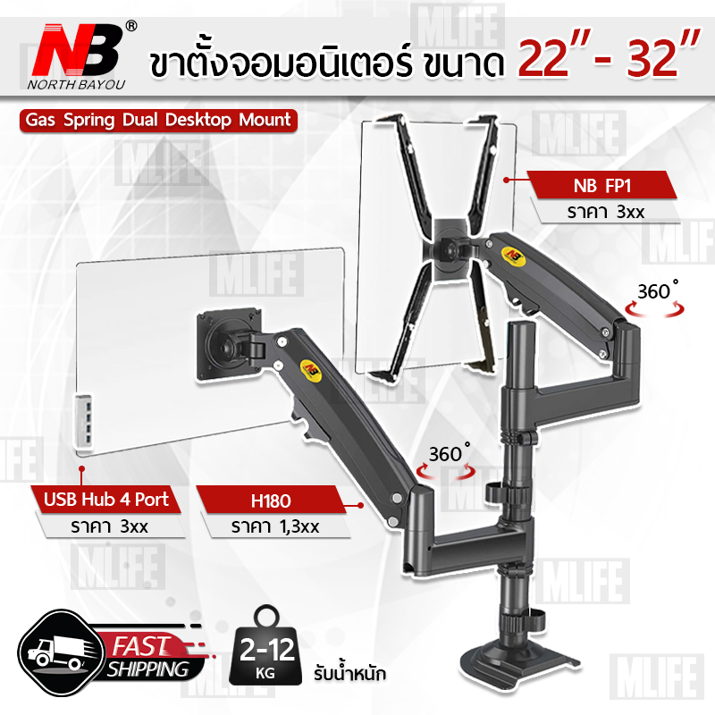 MLIFE - NB H180 ขาตั้ง จอ มอนิเตอร์ 2 จอ หนีบโต๊ะ ขาแขวนทีวี ขาตั้งจอคอม ขายึดจอคอม ขาแขวนจอ Monitor