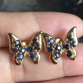 ต่างหูเงินแท้พลอยไพลินเผาเก่า ชุบทอง 18 k Heated Blue Sapphire Butterfly Earrings 925 Sterling Silver 18k Gold Plated