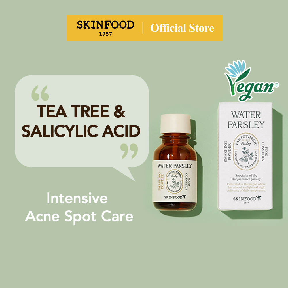 [SKINFOOD Official] แป้งน้ำแต้มสิวพาร์สลีย์ 15ml ควบคุมความมัน & ป้องกันการอักเสบ ดูแลผิวที่เป็นสิวง่าย วิตามิน B5 & กรด Salicylic Pantothenic Water Parsley Smashing Powder
