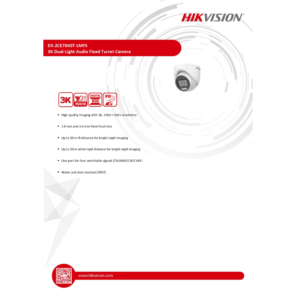 HIKVISION กล้องวงจรปิดทรงโดม รุ่น DS-2CE76D0T-LMFS (เลือกเลนส์ได้) 2MP ความคมชัด 1080P กันน้ำ กันฝุ่น IP67 4 ระบบ