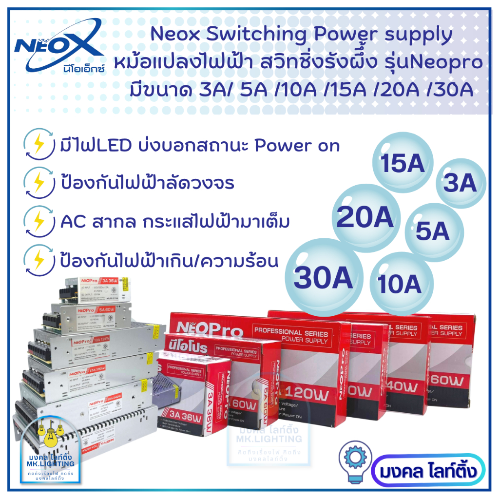 Neox สวิทชิ่งหม้อแปลงไฟฟ้ารังผึ้ง มี 3 ขนาด 3A /5A /10A แปลงกระแสไฟ 220V เป็น 12V รุ่น NeoPro switch