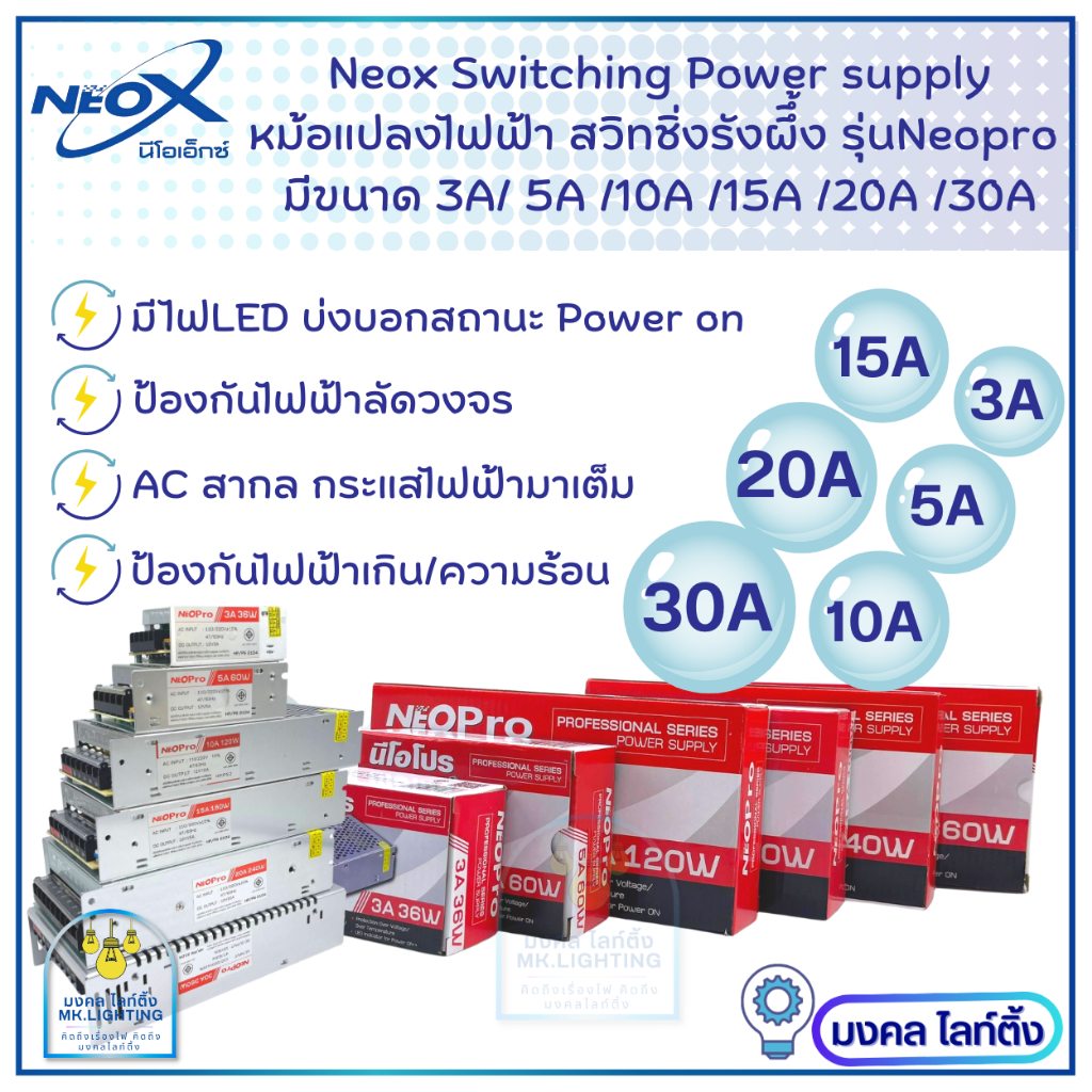 Neox สวิทชิ่งหม้อแปลงไฟฟ้ารังผึ้ง มี 3 ขนาด 3A /5A /10A แปลงกระแสไฟ 220V เป็น 12V รุ่น NeoPro switching power supply