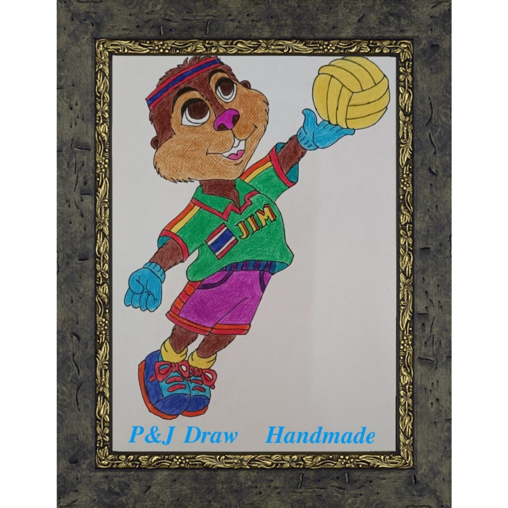 ภาพวาดการ์ตูนแฮนด์เมดแนวน่ารัก นักกีฬาวอลล์เลย์บอล P&J - ( รหัสสินค้า PJ012) พร้อมกรอบรูปจิ๊กซอว์ ขน