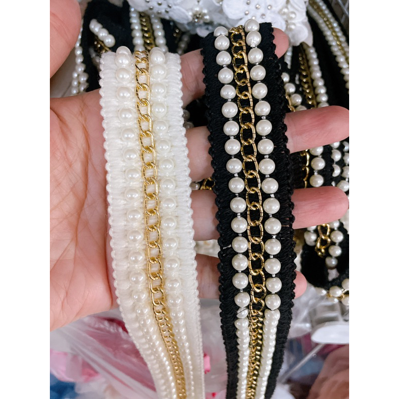 แถบมุกตกแต่งเสื้อผ้า กระเป๋า(1หลา=90ซ)สั่ง2ขึ้นไปตัดยาวเป็นเส้นเดียว