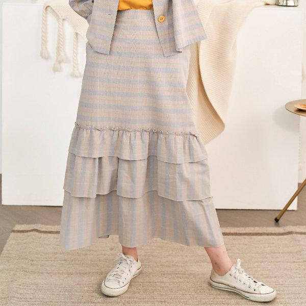 C&D Cotton Skirt กระโปรงยาว ต่อชายระบาย ลายตาราง สีเทา ฟ้า เนื้อผ้าคอตตอน (CT5CSB)