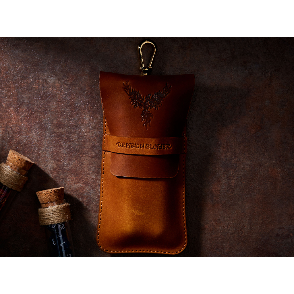 Phoenix RPG Double Potion Bag | Large Dice Bag | Tan Leather Bag With Dice Potion Flask Set | Dice |