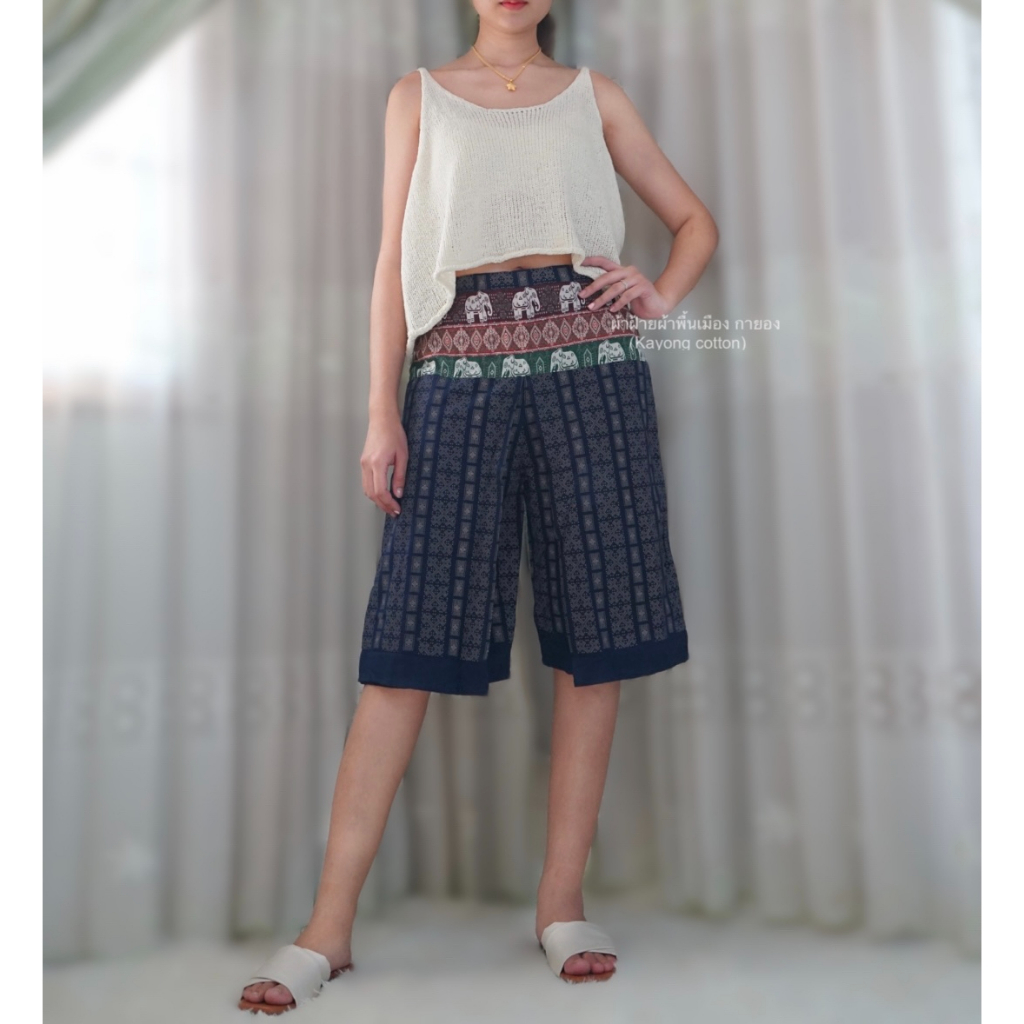 กางเกงแพนเค้ก ขาสั้น ผ้าฝ้ายพิมพ์ลาย เอวสม๊อกหลัง ผ้าฝ้าย