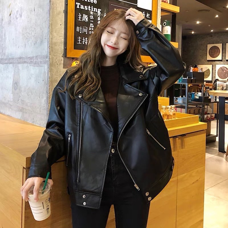 พร้อมส่ง biker jacket (AP010) แจ็คเก็ตหนัง สไตล์เกาหลี มาใหม่ แจคเก็ต black leather apgu.j shop