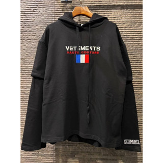 VETEMENTS HAUTE COUTURE LAYERED EMBROIDERED COTTON-BLEND JERSEY HOODED TOP เสื้อฮู้ดกันหนาวแขนยาว เวตมองต์ส เลเยอร์