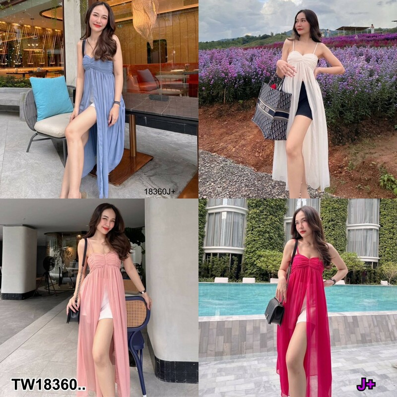 TT18360 Set 2 ชิ้น เสื้อสายเดี่ยวผ่าหน้า ตัวยาว + กางเกงขาสั้น .Set of 2 pieces. Single-breasted shirt, front cut, long