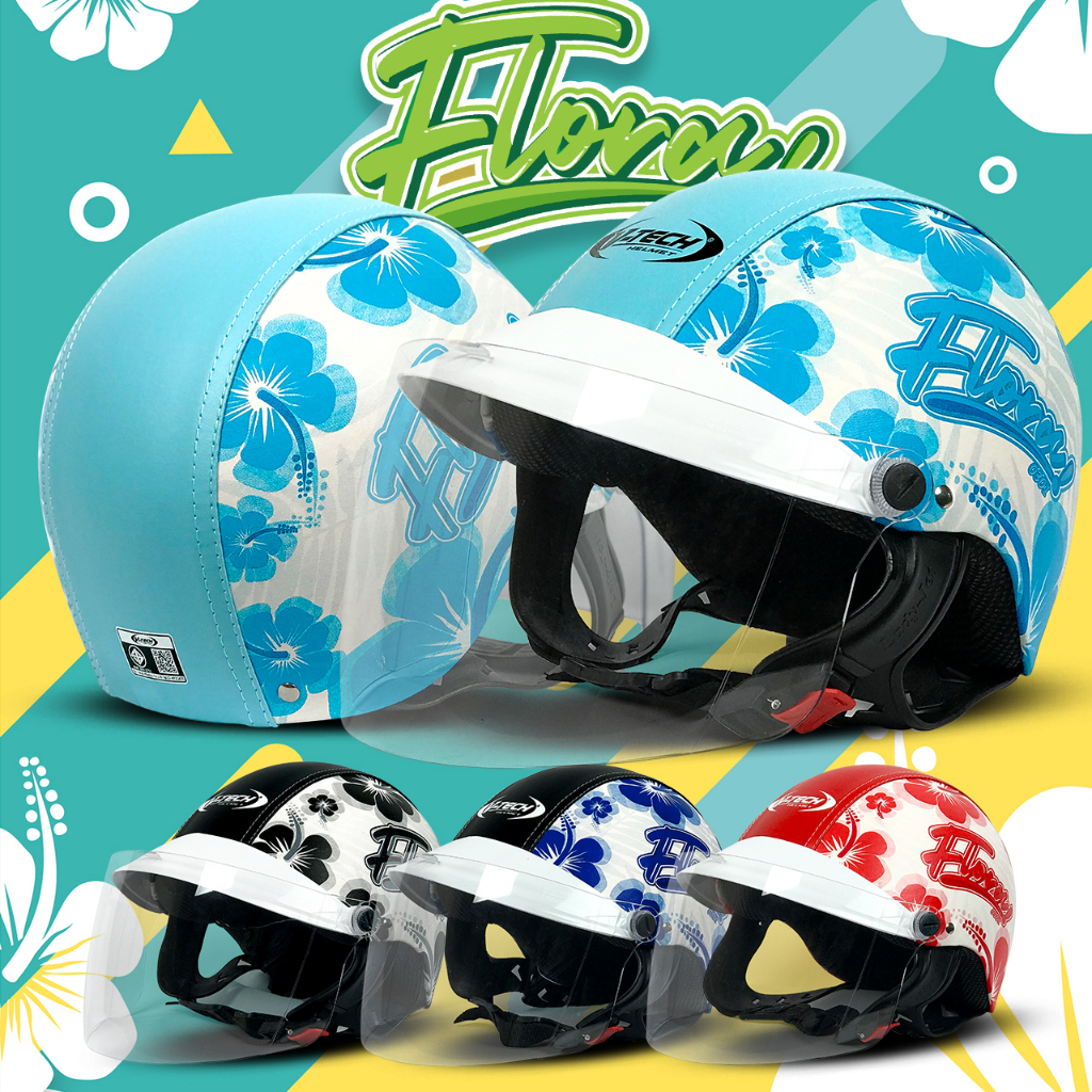 หมวกกันน็อคนิรภัยครึ่งใบ V-TECH Helmetรุ่นFlora มาพร้อมแผ่นบังลมนิรภัย PC เกรดคุณภาพ