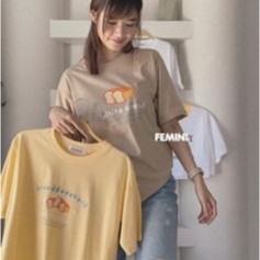 FEMINI.BKK : เสื้อยืด Cotton 100% Bread (Over size) สีเหลืองอ่อน / สีเบจ