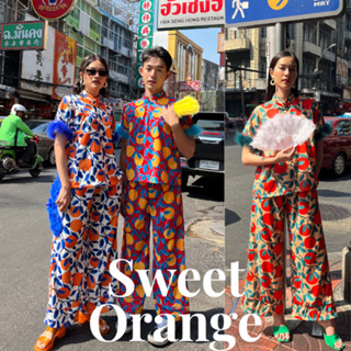 THONGYOY - Set Qipao ขนนก Sweet Orange ชุดกี่เพ้าเข้าเซ็ท ตรุษจีน ลายส้มมงคล กี่เพ้าแต่งขนนก ชุดจีน