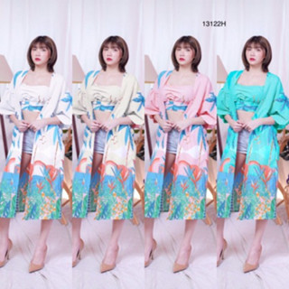 B13112 	Set 2 ชิ้น เสื้อเกาะอก+เสื้อคลุมพิมพ์ลายใบไม้ Set 2 pieces. Strapless top + leaf print coat.