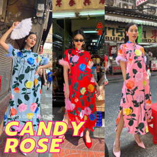 THONGYOY - Dress Qipao ขนนก Candy Rose เดรสกี่เพ้าแต่งขนนก ชุดกระโปรงคอจีนทรงปล่อย ลายดอกกุหลาบ
