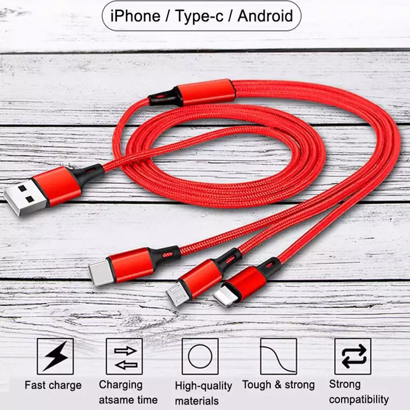 2025 รุ่นใหม่สุด 3 in 1 USB สายชาร์จมัลติฟังก์ชั่นถักไนลอน สายชาร์จสายสำหรับ iPhone/Android/Type-C ( มี5สีให้เลือก)