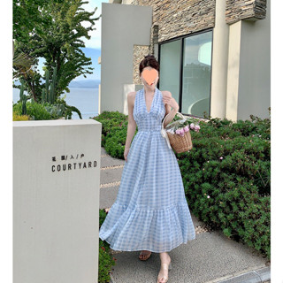 พร้อมส่ง SM Maxi dress เดรสคล้องคอ ลายสก็อต สีฟ้าพาสเทล