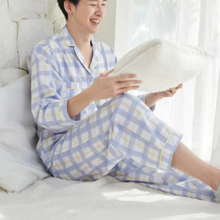 ชุดนอน sliptosleep - Blue Grids Long Sleeve Pants Set